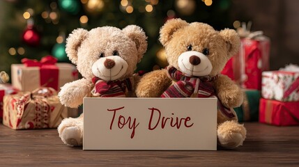 Two plush teddy bears in a donation box for Toy Drive with gifts