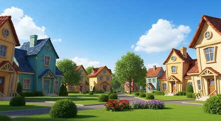 Colorful Cartoon Style Neighborhood with Playful Houses and Green Park Scene