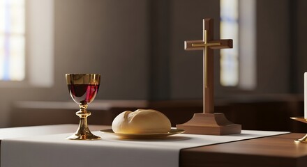 Religious altar with chalice bread and wooden cross in church setting