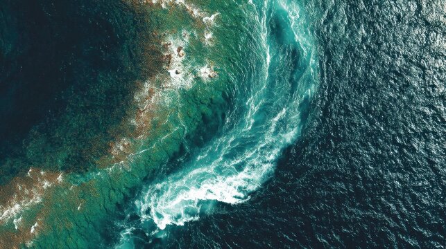 Aerial View of Turbulent Ocean Waters with Vibrant Blue and Green Tones, Showcasing Swirling Waves and Coral Reefs Beneath the Surface