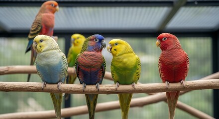 Colorful Parrots Perched on Wooden Bar Inside Aviary in Bright Natural Light