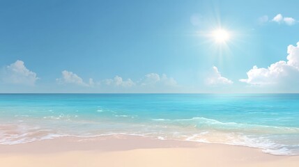 Obraz premium Serene Horizon of a Calm Beach with Crystal Clear Water and Soft White Sand Under a Bright Blue Sky and Shining Sunlight at Midday
