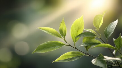 Sunlit Green Leaves with Soft Background and Glowing Light Creating a Peaceful and Natural Atmosphere in a Forest Setting
