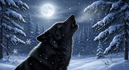 Majestic Black Wolf Howling in Snowy Forest Under Full Moon