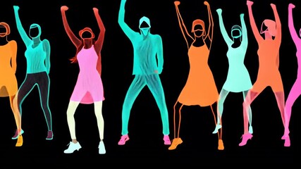 Silhouette Dance Celebration with Energetic Friends in Colorful Sportswear at Vibrant Nightlife Festival
