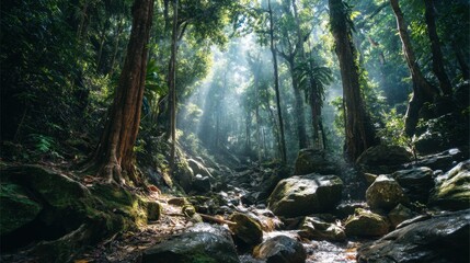 Serene Sunlight Filtering Through Ancient Trees in a Lush Forest with Rocky Stream and Vibrant Green Foliage