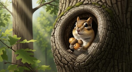 Cute Squirrel Sitting in Tree Hollow Holding Acorns in Forest Setting