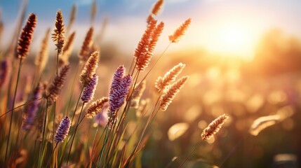 Obraz premium Serene Meadow at Dusk with Soft Focus on Wildflowers and Gentle Sunset in the Background Highlighting Nature's Calming Beauty and Tranquility