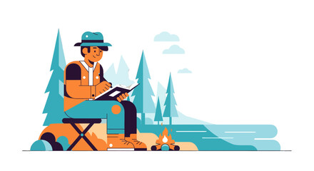 Fototapeta premium A Person Drawing In A Notebook During a Camping Experience in Nature