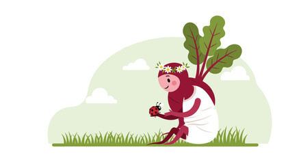 Naklejka premium A Whimsical Illustration Depicting a Beetroot Character Admiring a Ladybug in Nature