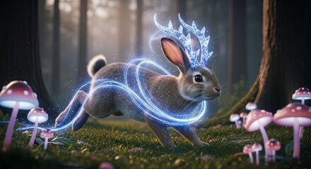 Enchanted Rabbit in a Mystical Forest with Glowing Antlers.