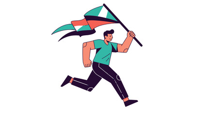 Fototapeta premium A Person Running With A Flag Against Black Background Cartoon Illustration