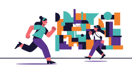 Abstract Geometric Running People Illustration Against a Black Backdrop for Modern Design