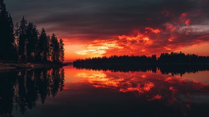 Obraz premium Breathtaking Sunset Over Calm Lake Surrounded by Tall Trees and Dark Silhouettes Reflecting Dramatic Colors on the Water Surface