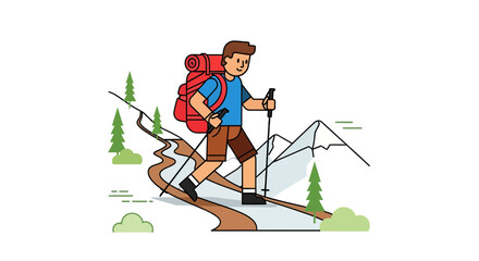 Adventurer Ascending Mountain Trail with Backpack and Trekking Poles for Exploration Journey