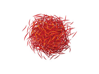 Fototapeta premium heap of vibrant red saffron threads on white background in top down view style image