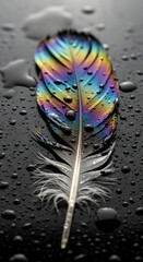 A vibrant, multicolored feather with iridescent hues resting on a wet, reflective surface with water droplets scattered around it
