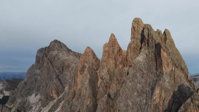 Cinematic aerial video of the Seceda mountain ridge line in the Italian Dolomites