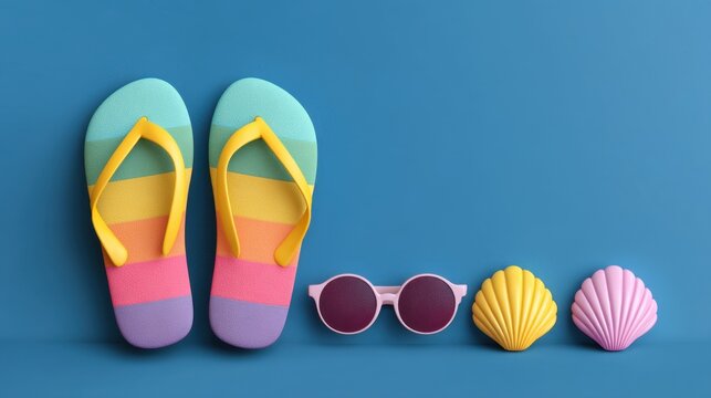 Colorful Beach Flip Flops, Stylish Sunglasses, and Shells on a Vibrant Coastal Background for Summer Holiday Concept - Powered by Adobe