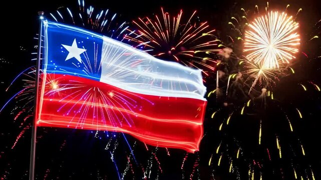 Illuminated chile flag on a pole with a vibrant display of fireworks in the night sky, a celebration of national holiday or event