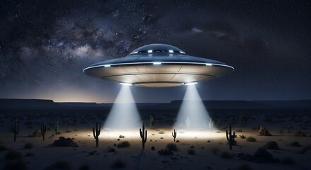 Futuristic Flying Saucer Hovering Over Desert Night Scene with Cacti Under Starry Sky