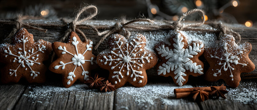 Christmas gingerbread cookies on a wooden background. Decorated with snowflakes and garlands.