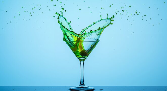 Dynamic Splash of Green Cocktail from Martini Glass with Olive on Blue Background