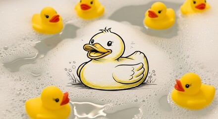 Cartoon Duck Illustration with Rubber Ducks Floating in Bubble Bath