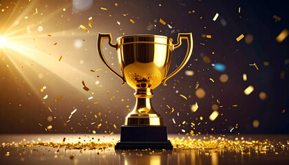 Golden Trophy Symbolizing Achievement and Success with Confetti.