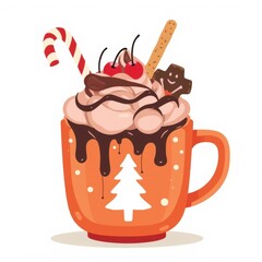 Hot chocolate mug with whipped cream, chocolate drizzle, cherries, and candy cane.