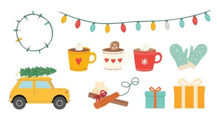 Obraz premium A cozy Christmas set with hot cocoa, string lights, mittens, and a car with a tree.