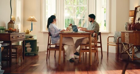 Creative, couple and people with paperwork, home office and data analysis of campaign results on web. Talking, man and woman with documents for brand awareness, remote work and digital marketing - Powered by Adobe