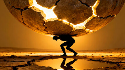 Silhouette of a man carrying a cracked glowing sphere in a desolate landscape symbolizing burden strength and resilience against adversity in a conceptual art piece with warm tones and reflection