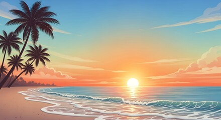 Serene Sunset Beach Scene with Palm Trees Tropical Coastline Warm Colors