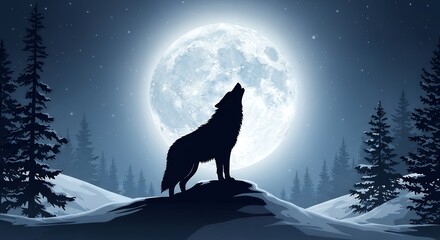 Silhouette of howling wolf in snowy forest under bright full moon at night