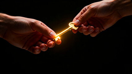 Golden key being passed between two hands in a dark setting symbolizing opportunity and access with a bright glow highlighting the key's importance and value for success