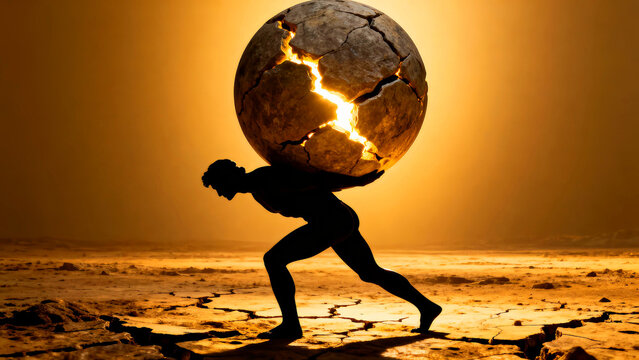 Silhouette of a strong figure carrying a cracked globe on a parched landscape symbolizing burden and resilience in a world facing challenges and the weight of responsibility and global issues