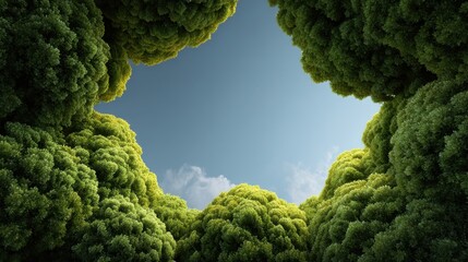 Lush Green Canopy Frame with Blue Sky and Soft Clouds Peeking Through Verdant Tree Tops in a Tranquil Natural Environment