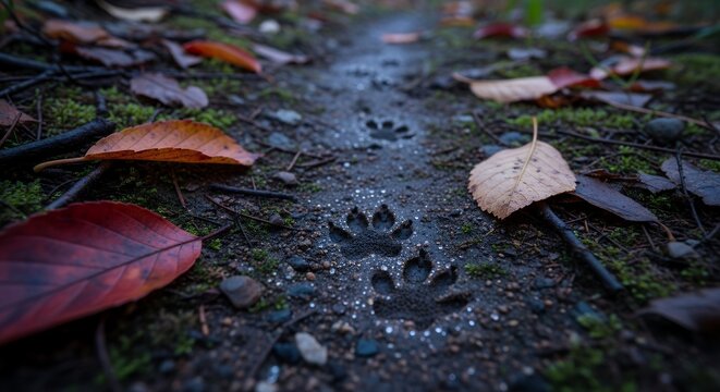 Animal Paw Prints on Wet Forest Path Surrounded by Fallen Autumn Leaves