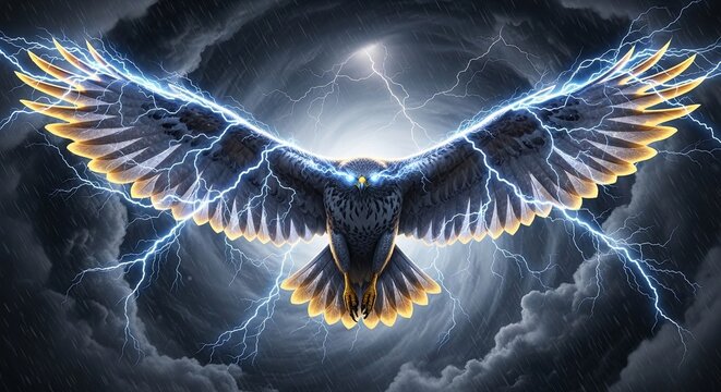 Majestic Eagle Soaring Through Stormy Skies with Lightning.