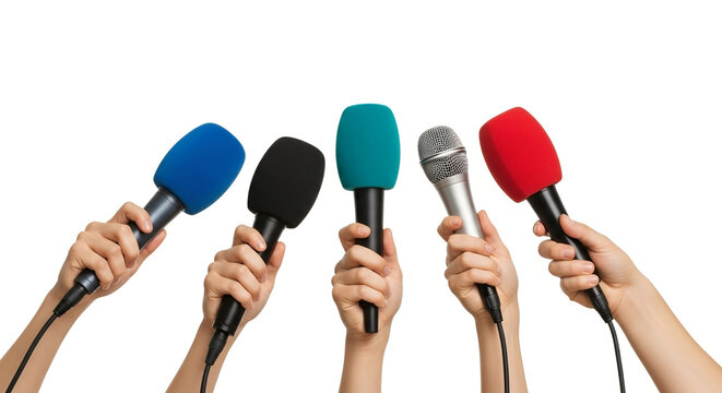 Hands holding microphones press conference concept journalism and media communication