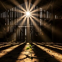A young plant sprout growing in a rustic barn with sunlight streaming through the wooden slats, symbolizing growth and new beginnings in a rural setting