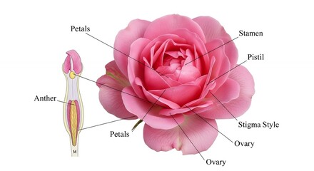 Pink Botanical Flower with Diagram of Flower Anatomy for Educational Use