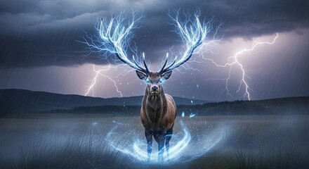 Majestic Electric Deer in Stormy Landscape - A Fantasy Scene.