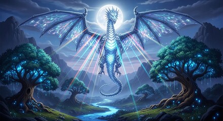 Majestic Ice Dragon Ascending in Enchanted Forest Realm.