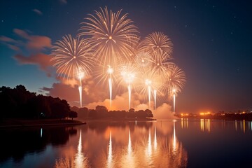 Fototapeta premium Fireworks burst over lake at night, reflecting dazzling lights on calm water under starry sky.
