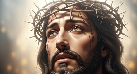 Religious Jesus Christ Portrait with Crown of Thorns and Blood Details in Artistic Style