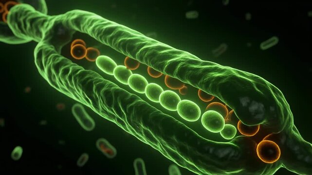 Microscopic view of Golgi apparatus packaging vesicles for transport
