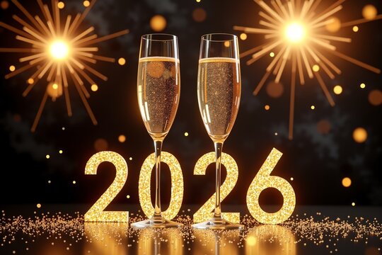 Two champagne flutes beside glittering "2026" numbers, fireworks glow behind on dark background. Celebratory New Year vibe.