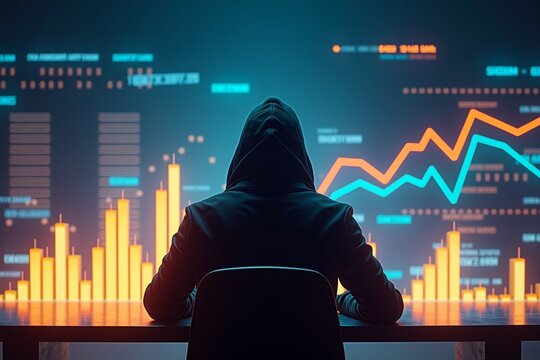 Hooded figure sits before glowing data charts, analyzing financial trends in futuristic digital cityscape.